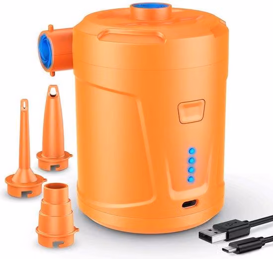 Pompa d'aria elettrica portatile Unyqoos® – batteria ricaricabile da 5200 mAh, 15 W / 300 l/min, 3 accessori, funzione di ricarica USB per cuscini d'aria, materassini gonfiabili e piscine