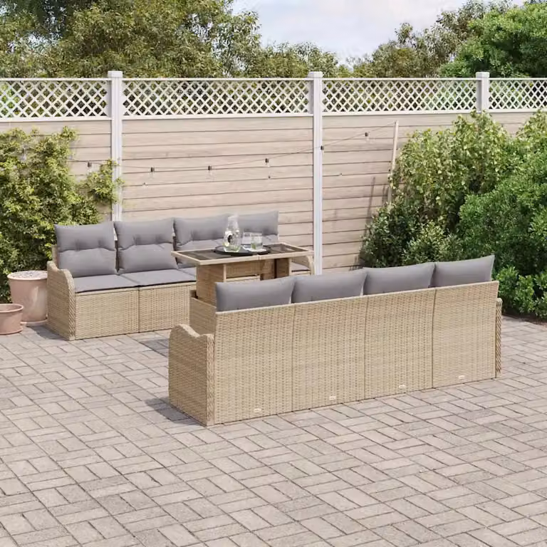 Set Divano da Giardino vidaXL 9 Pezzi con Tavolino e Cuscini Beige