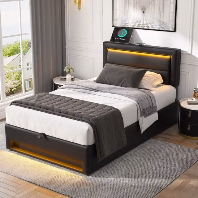 Letto imbottito singolo 90×190 cm con vano contenitore, USB, ricarica senza fili e LED, senza materasso, PU nero