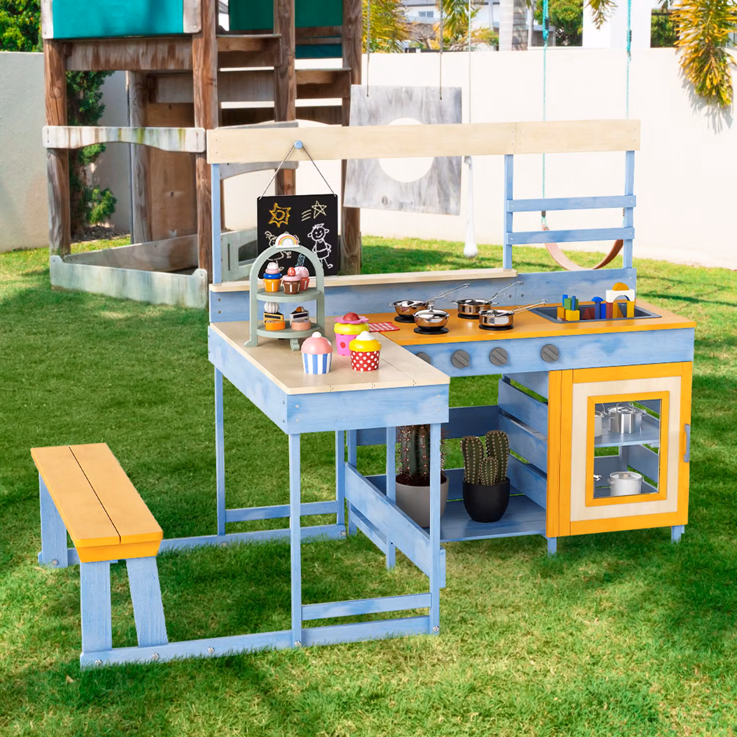Set gioco cucina da giardino con tavolo da picnic per bambini Costway in legno di abete, Blu