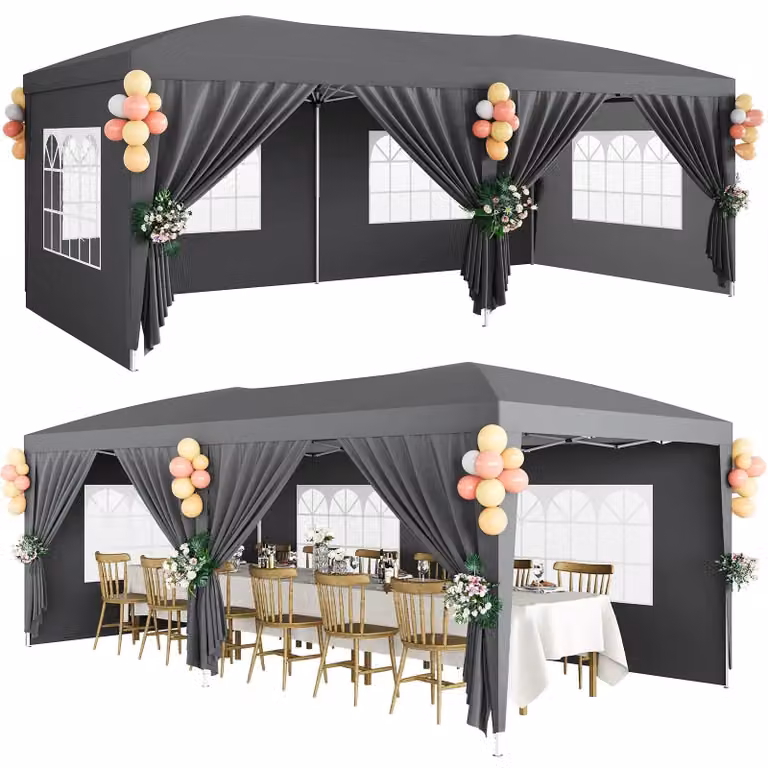 Tenda pop-up per feste, dimensioni 3 x 6 metri - 6 pareti laterali - struttura in acciaio - tessuto Oxford 210D impermeabile - protezione UV - altezza regolabile - colore grigio scuro