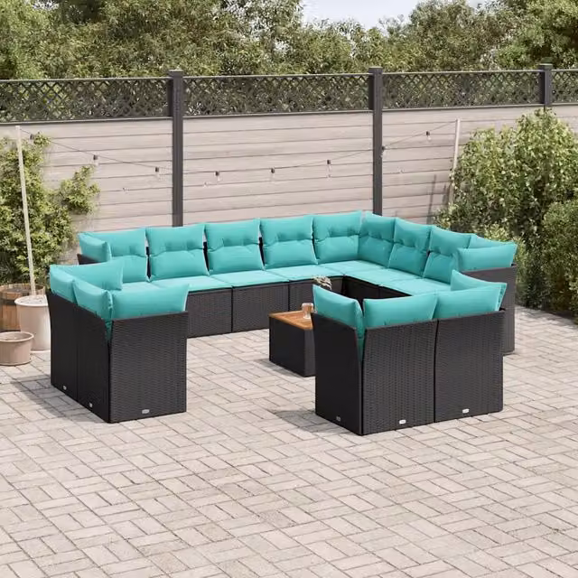 Set di divani da giardino vidaXL a forma di U in polyrattan nero con cuscini e tavolino da esterno