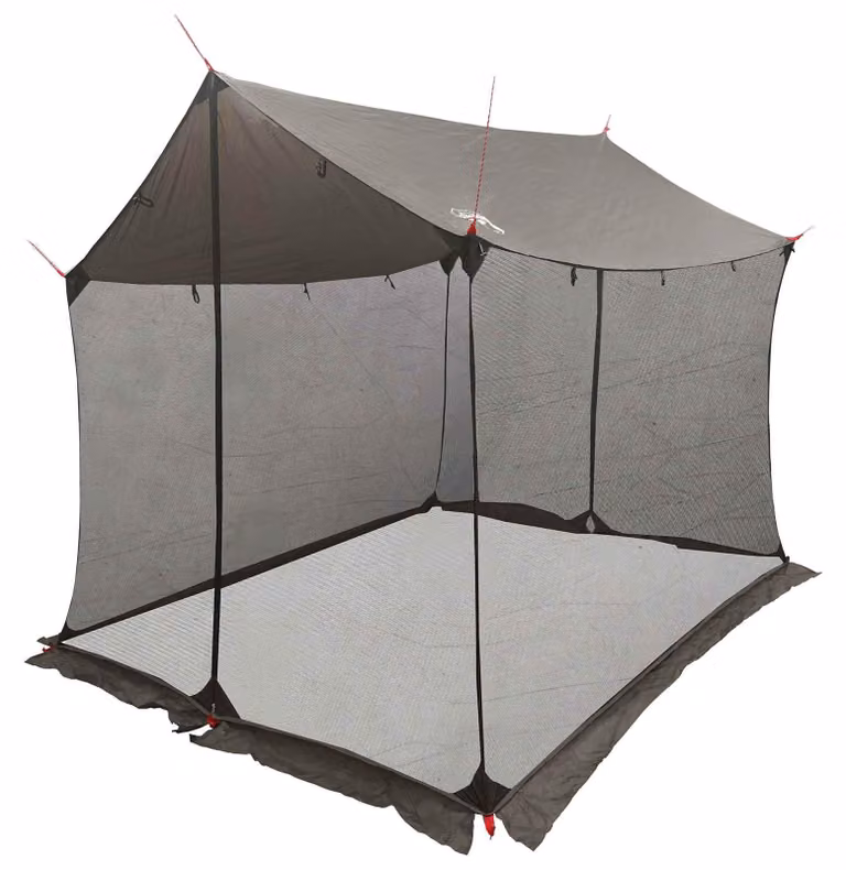 Tenda da campeggio con pareti in rete, color marrone e grigio