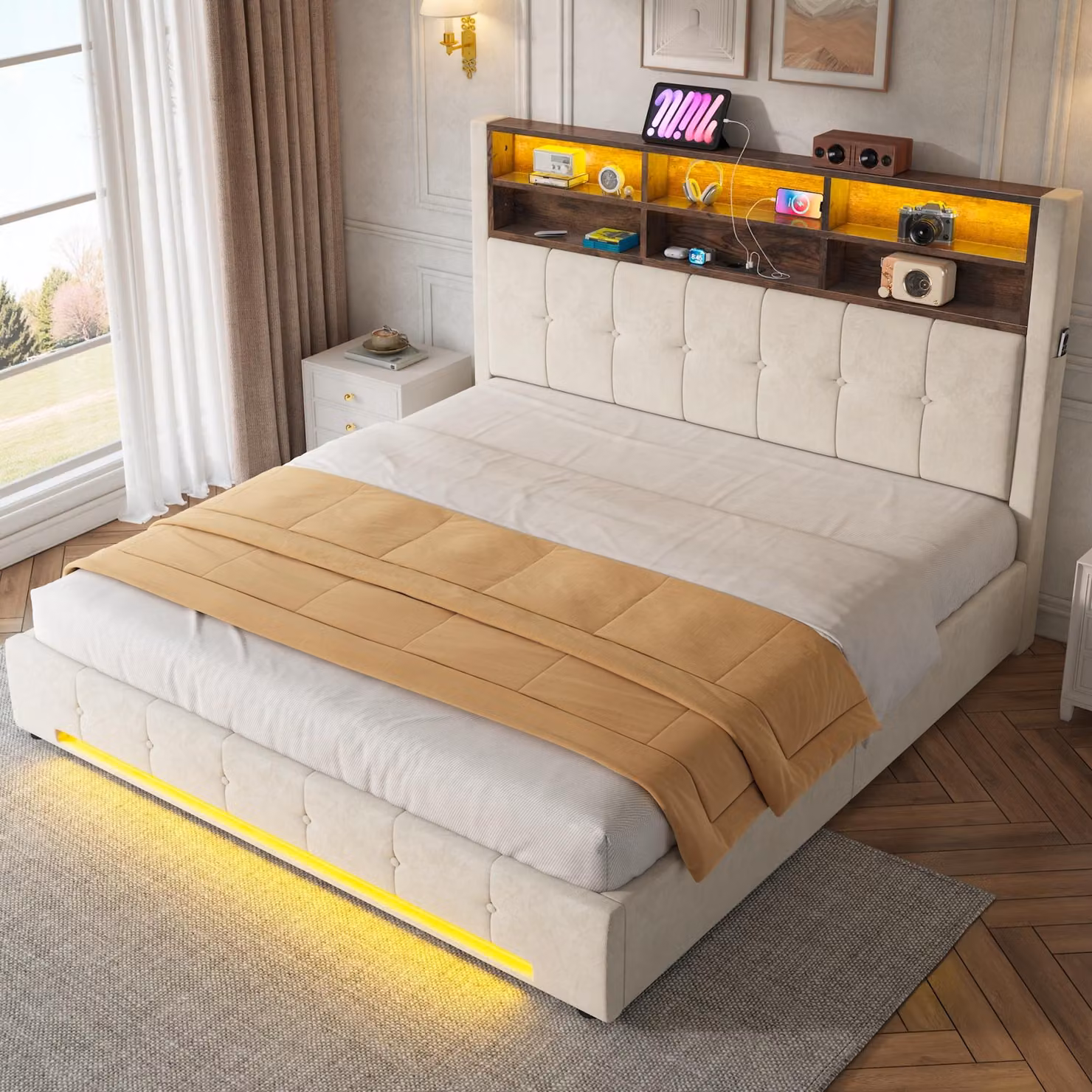 Letto matrimoniale MODFU 180x200 con testiera imbottita a 6 scomparti, letto imbottito con LED e porta USB-C, letto a molle con sistema di sollevamento idraulico e spazio contenitore, senza materasso, color beige