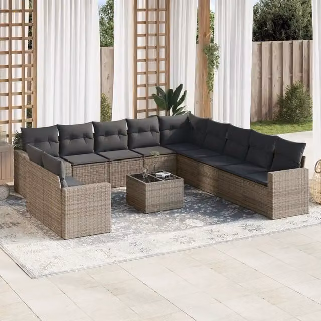 Set di Divani da Giardino Moderno VIDAXL in Polyrattan Grigio con Cuscini, Composizione a L per 12 Persone