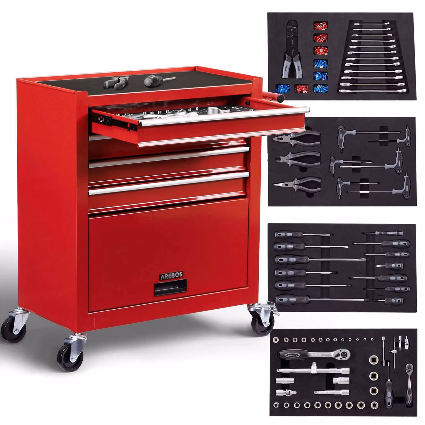 AREBOS carrello da officina rosso 4 cassetti 81 pz. utensili tappetini antiscivolo