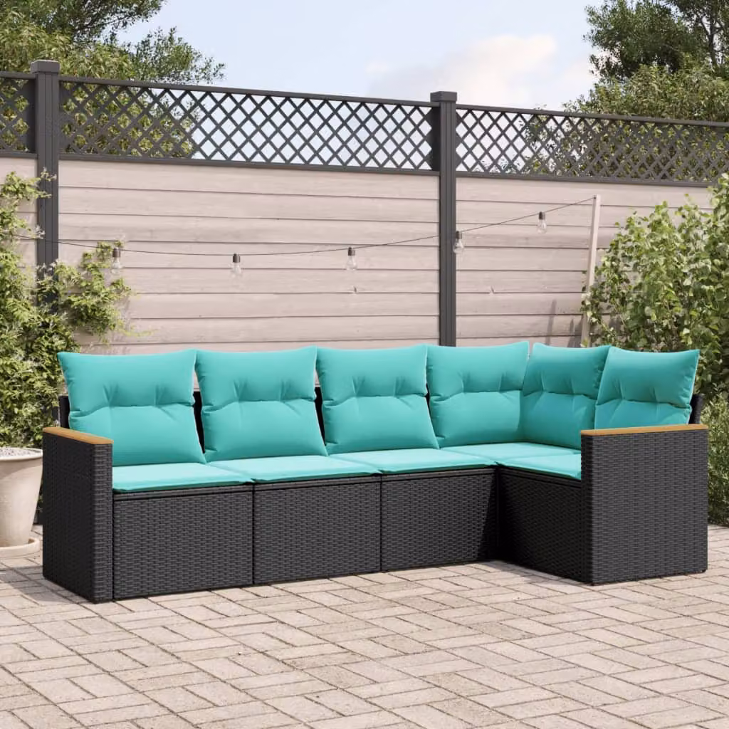 Set di divani da giardino vidaXL in polyrattan nero con cuscini e struttura in metallo a forma di L per esterno