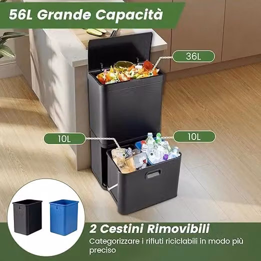 Pattumiera da 56L COSTWAY in Acciaio Inossidabile con Sensore di Movimento, 2 Contenitori Interni Rimovibili e Coperchio Soft Close, Nero e Argento – 2