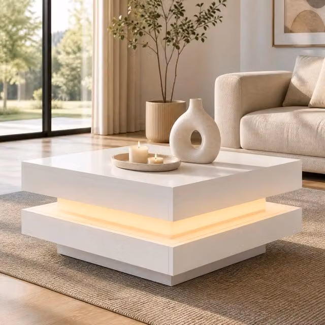 Tavolino da caffè quadrato MODFU bianco lucido con piano girevole L 70 cm x P 70 cm x H 36 cm – 1