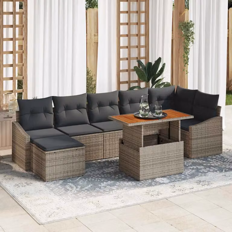 Set da pranzo da giardino vidaXL in rattan e legno con piano pieghevole, Grigio e Marrone