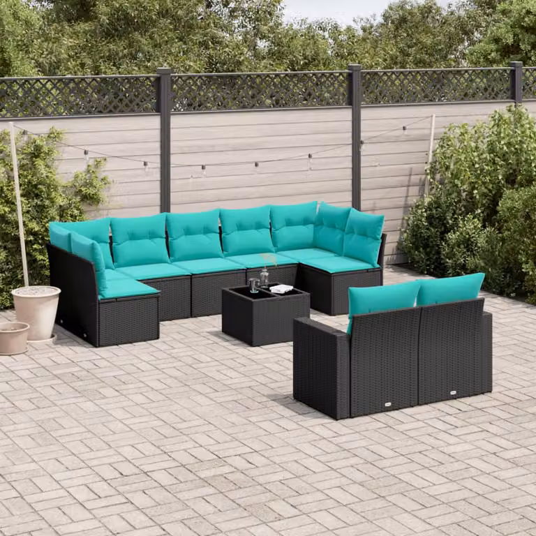 Set di divani da giardino vidaXL in polyrattan nero con cuscini, tavolino e poltrone per esterno a forma di L