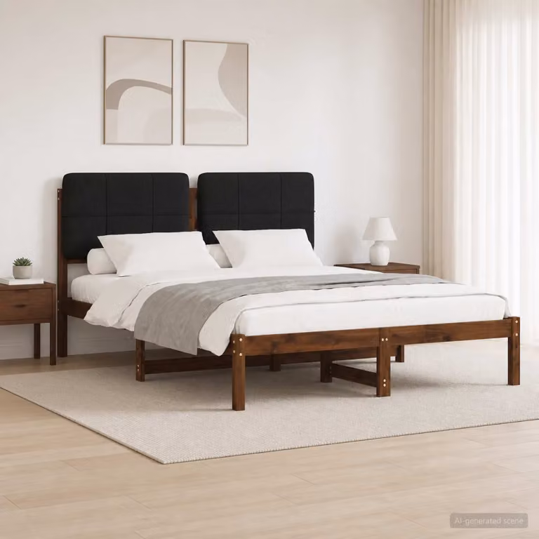 Letto con testiera rivestita vidaXL in legno di acacia marrone scuro e nero L: 140 cm, P: 196 cm, H: 85 cm