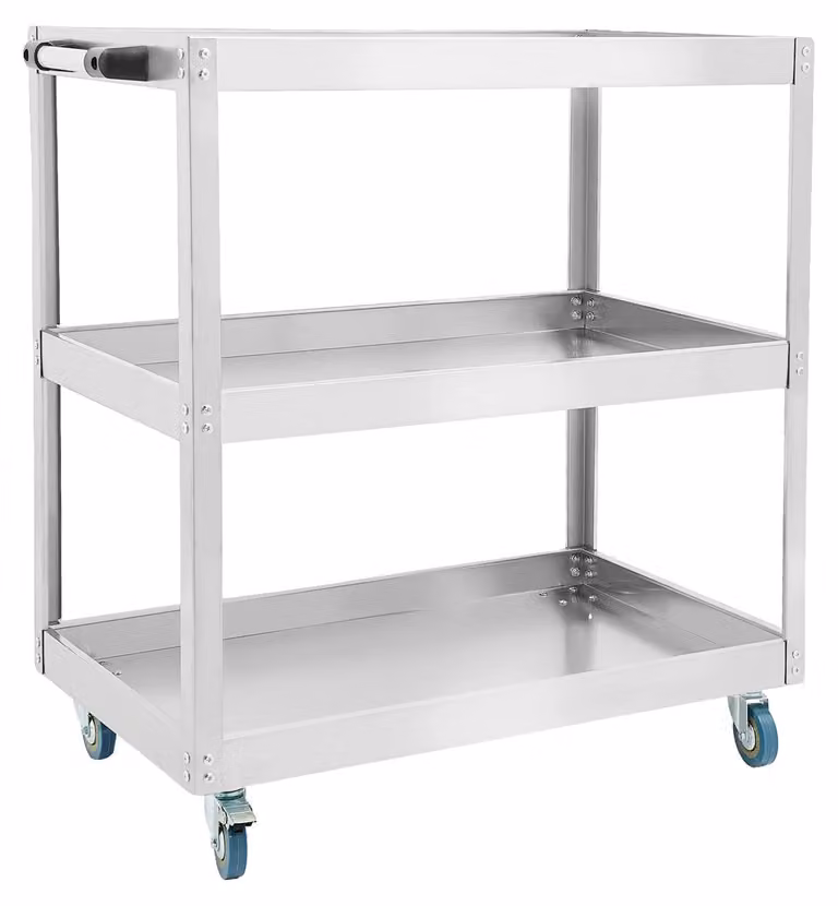 Carrello da officina, robusto, con sistema di stoccaggio a 3 livelli, colore argento