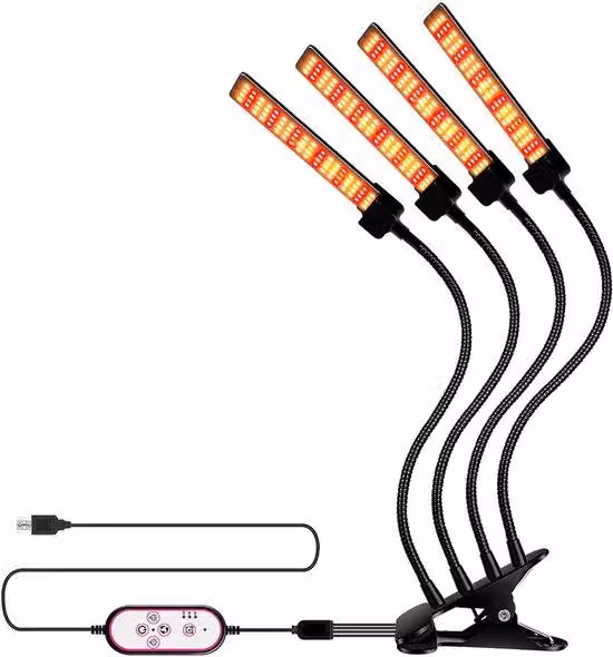 Lampada a clip a LED per piante da interno, con 4 luci, timer, luce a spettro completo, 3 livelli di luminosità, regolabile