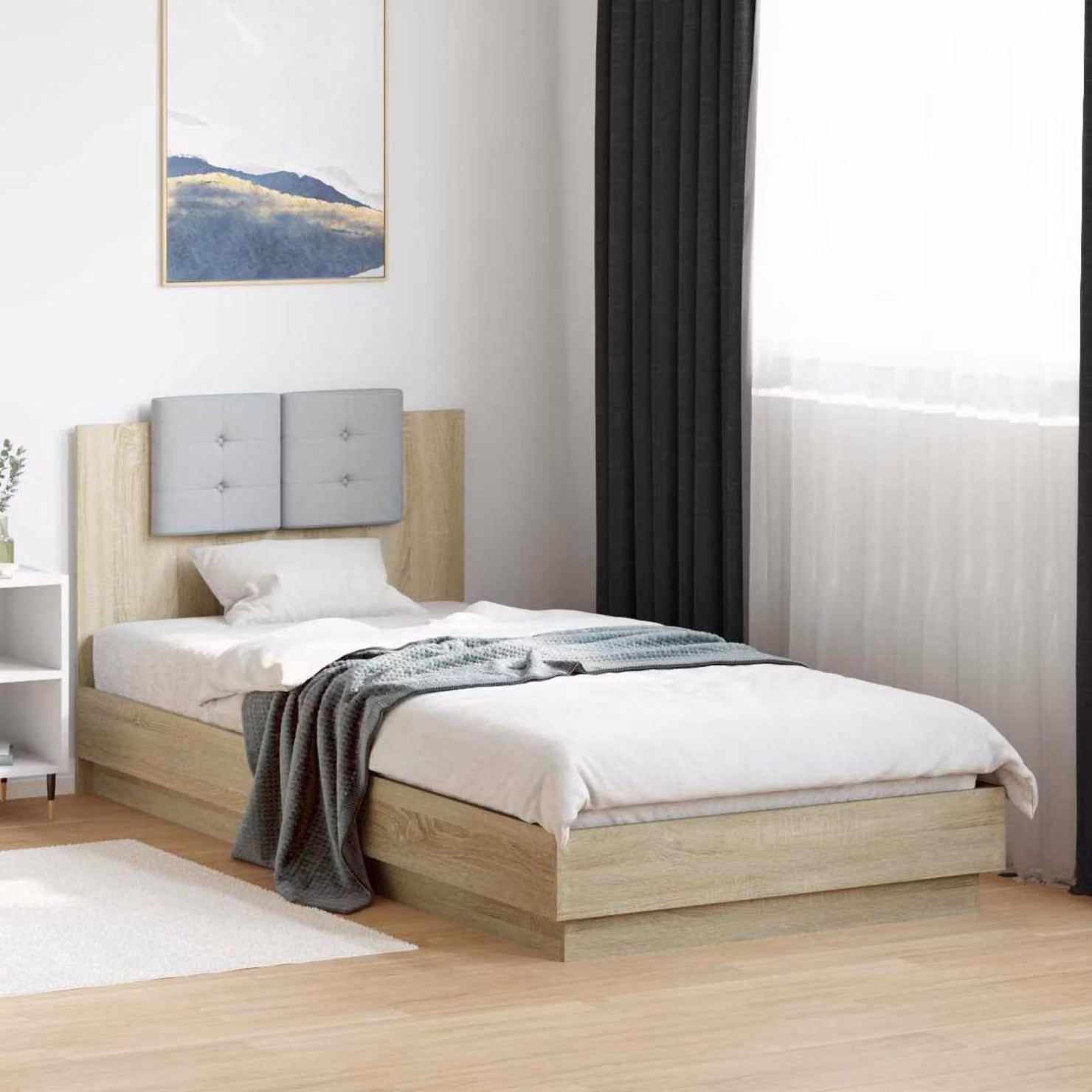 Struttura letto moderna vidaXL con testata in legno ingegnerizzato Rovere Sonoma, colore marrone e beige