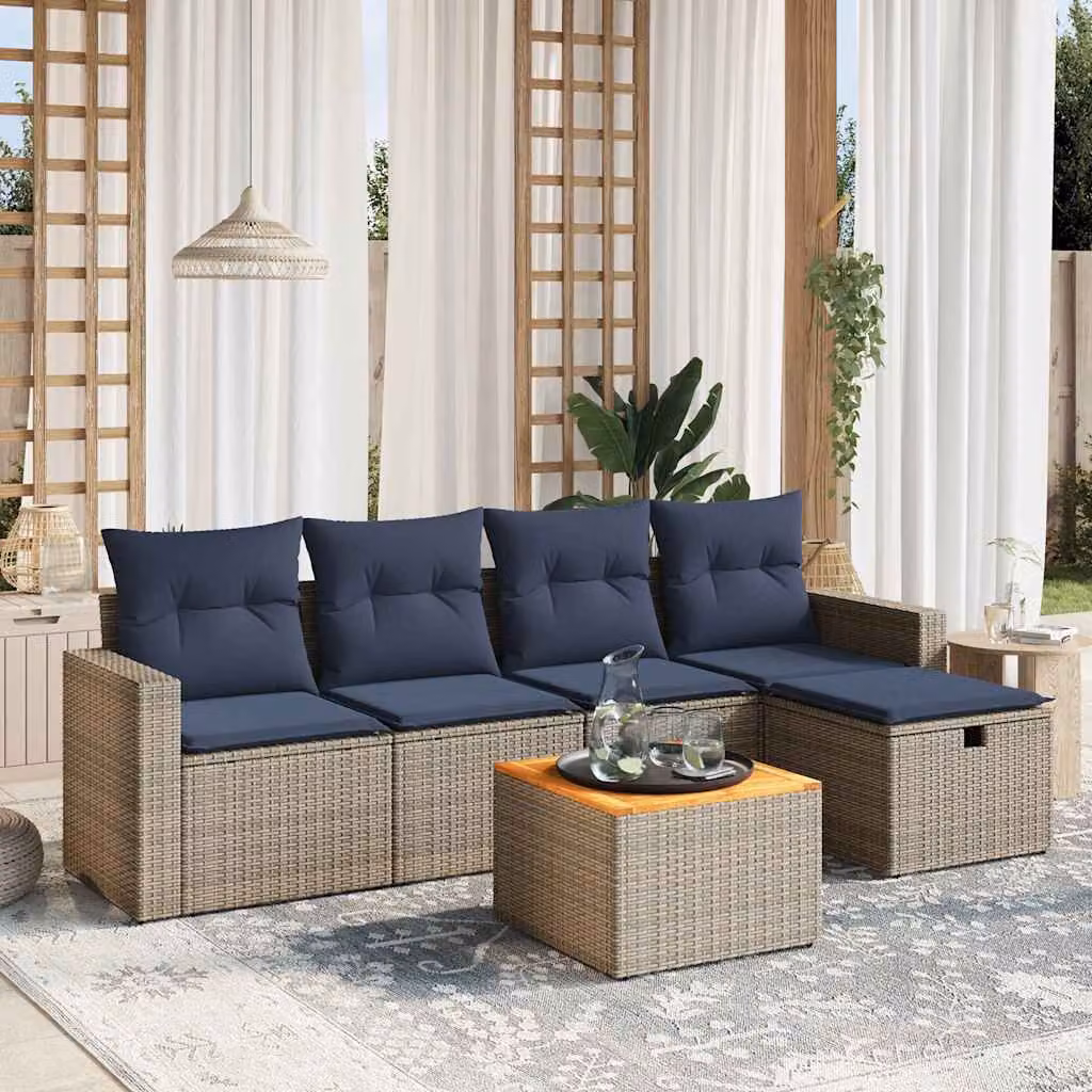 Set di divani da giardino vidaXL in polyrattan grigio con cuscini, tavolino e pouf, composizione a L per 6 persone