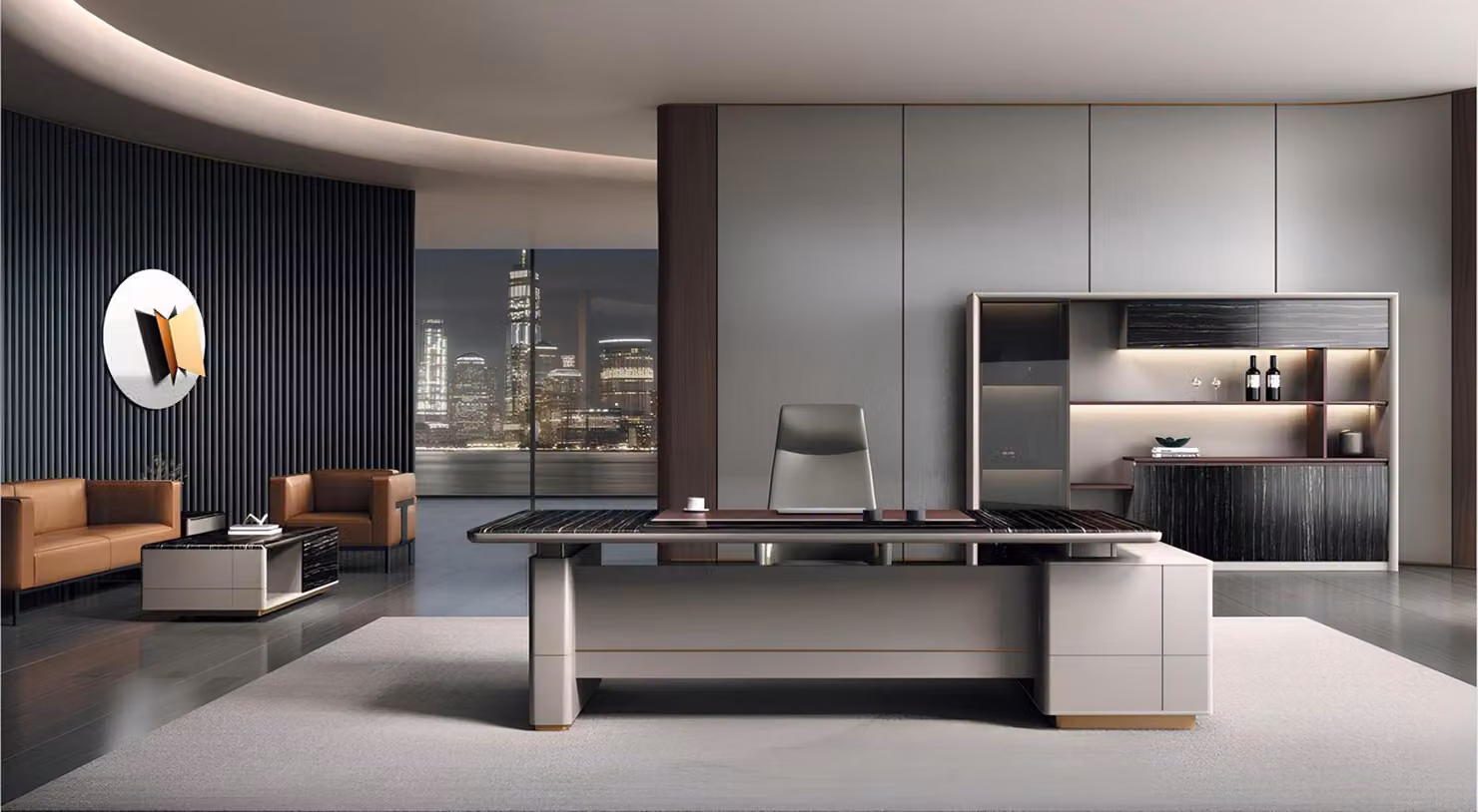Arredamento da ufficio esclusivo: elegante scrivania e robusta libreria