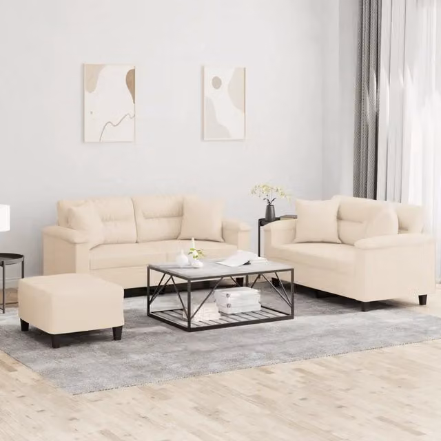 Set di 3 Divani Moderni vidaXL in Tessuto Microfibra Beige con Cuscini e Imbottitura in Schiuma per Soggiorno