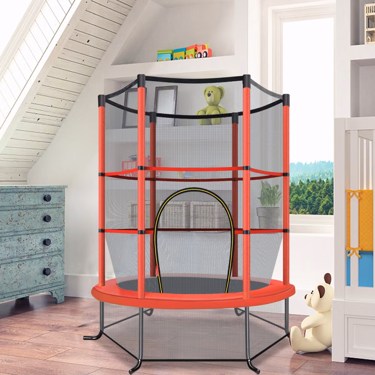 Costway Tappeto elastico per bambini con rete di sicurezza e struttura in acciaio resistente, Rosso