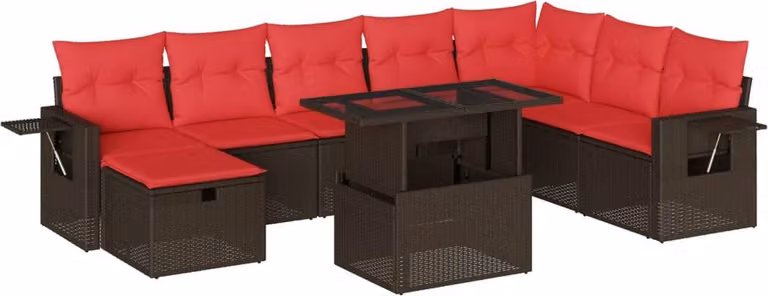 Set Divani da Giardino 9 pz con Cuscini Marrone in Polyrattan