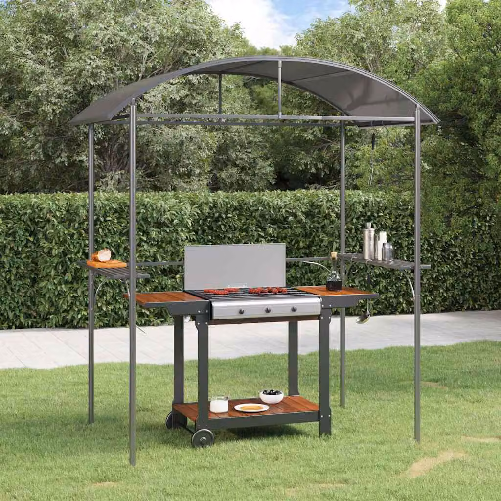 Gazebo per barbecue vidaXL con ripiani laterali in acciaio e policarbonato, colore antracite, L 220 x P 115 x H 230 cm