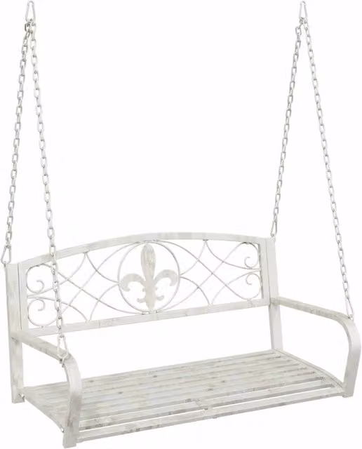 Panchina a dondolo in acciaio per giardino e terrazzo, colore bianco, L: 110,5 cm, P: 59 cm, H: 55 cm