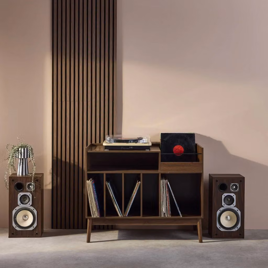 Mobile per vinili Sweeek in stile scandinavo, legno e metallo, marrone – 2