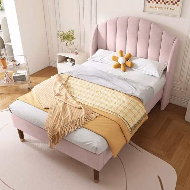 Letto singolo imbottito 90 × 200 cm con testiera alta, supporto in legno, senza materasso, velluto rosa