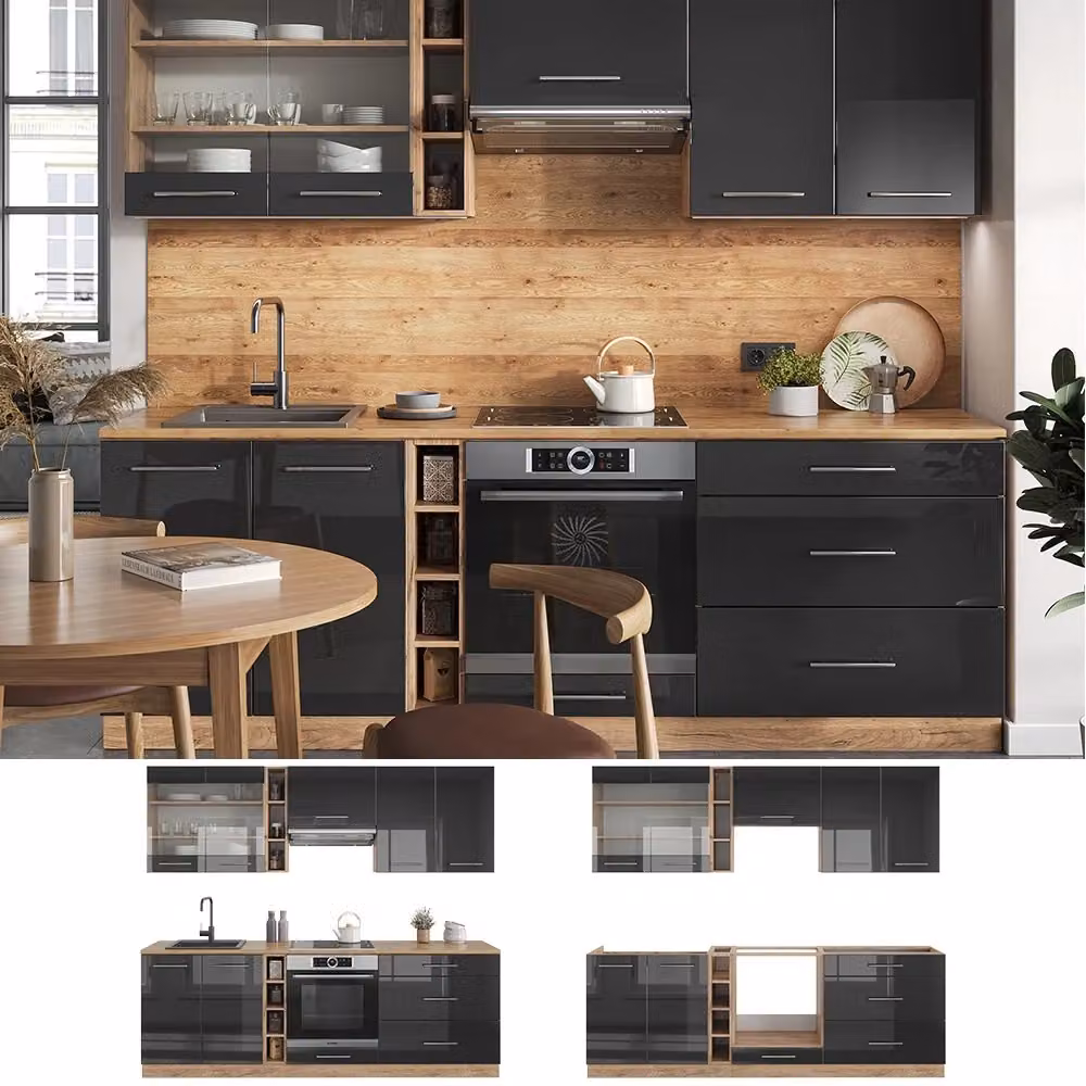 Cucina componibile moderna Vicco Fame-Line Antracite lucido e Rovere dorato L: 235 cm, P: 60 cm, H: 188,4 cm – 2