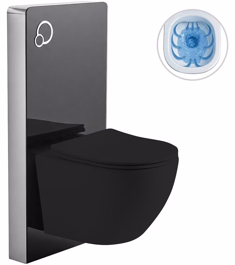 CERANO - Set completo per WC con cassetta di scarico - nero opaco + WC sospeso Verde, Rimless + sedile Slim/UF - nero opaco - 49x36 cm