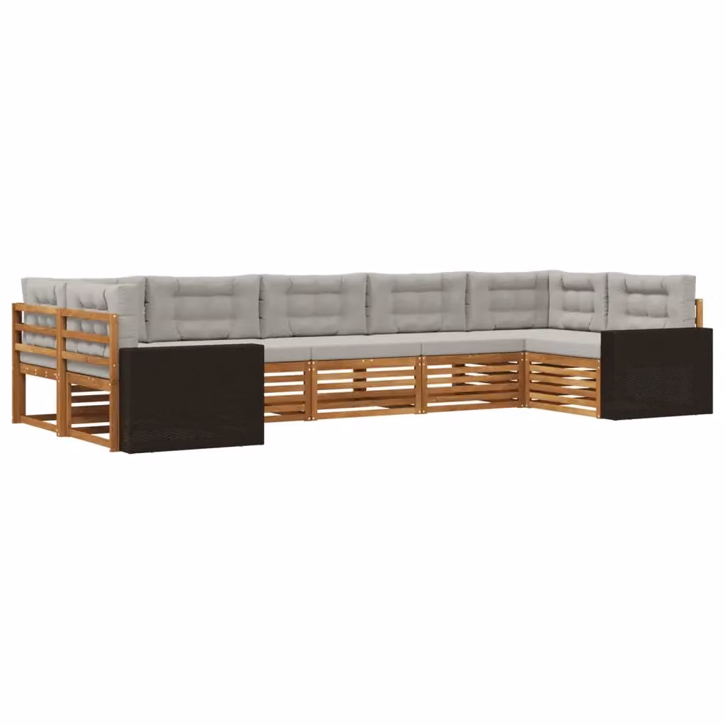 Set di divani da esterno a forma di U vidaXL in legno di acacia con cuscini, 7 pezzi, Marrone e Grigio – 2