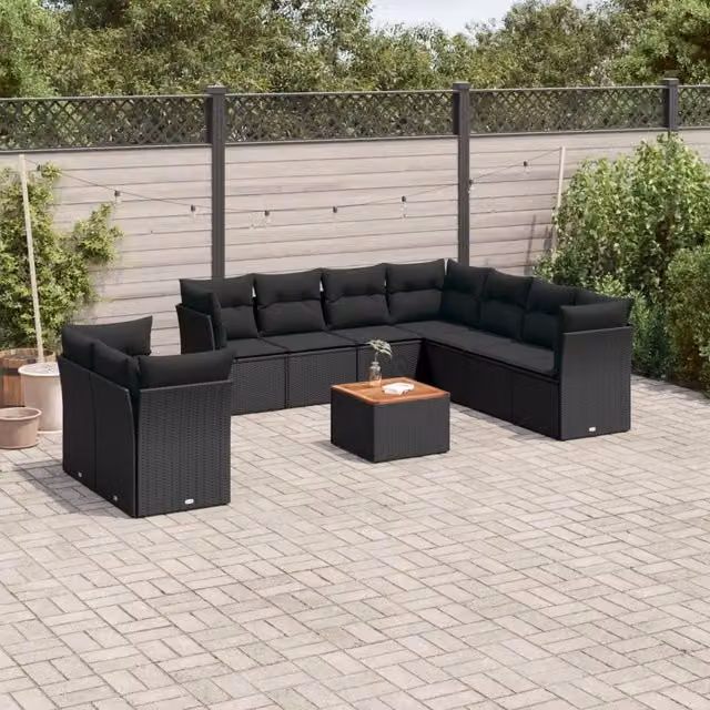 Set Divani da Giardino 10pz con Cuscini in Polyrattan Nero 3256041