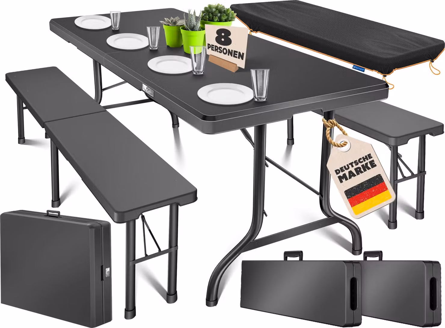 KESSER® Set da birreria, 3 pezzi, 183x76x74 cm, composto da un tavolo e 2 panche, in plastica pieghevole, con copertura inclusa