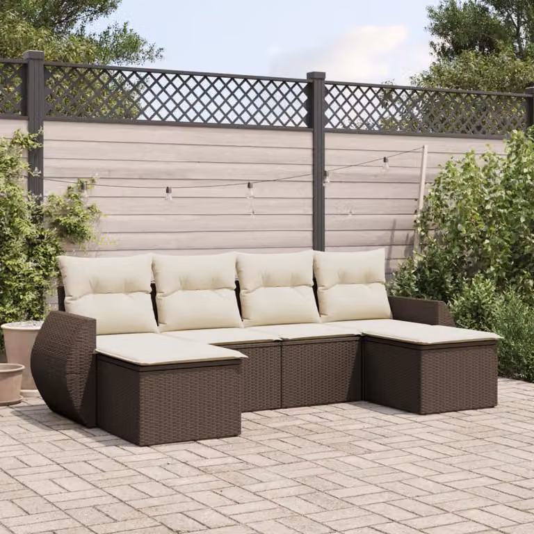 vidaXL Set Divano da Giardino 6 pz a Forma di L in Polyrattan Marrone e Bianco con Cuscini Imbottiti e Coperture Rimovibili