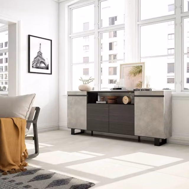 Credenza, Mobile, 200x35x87cm, 4 Porte, Design industriale, grigio cemento RF2305