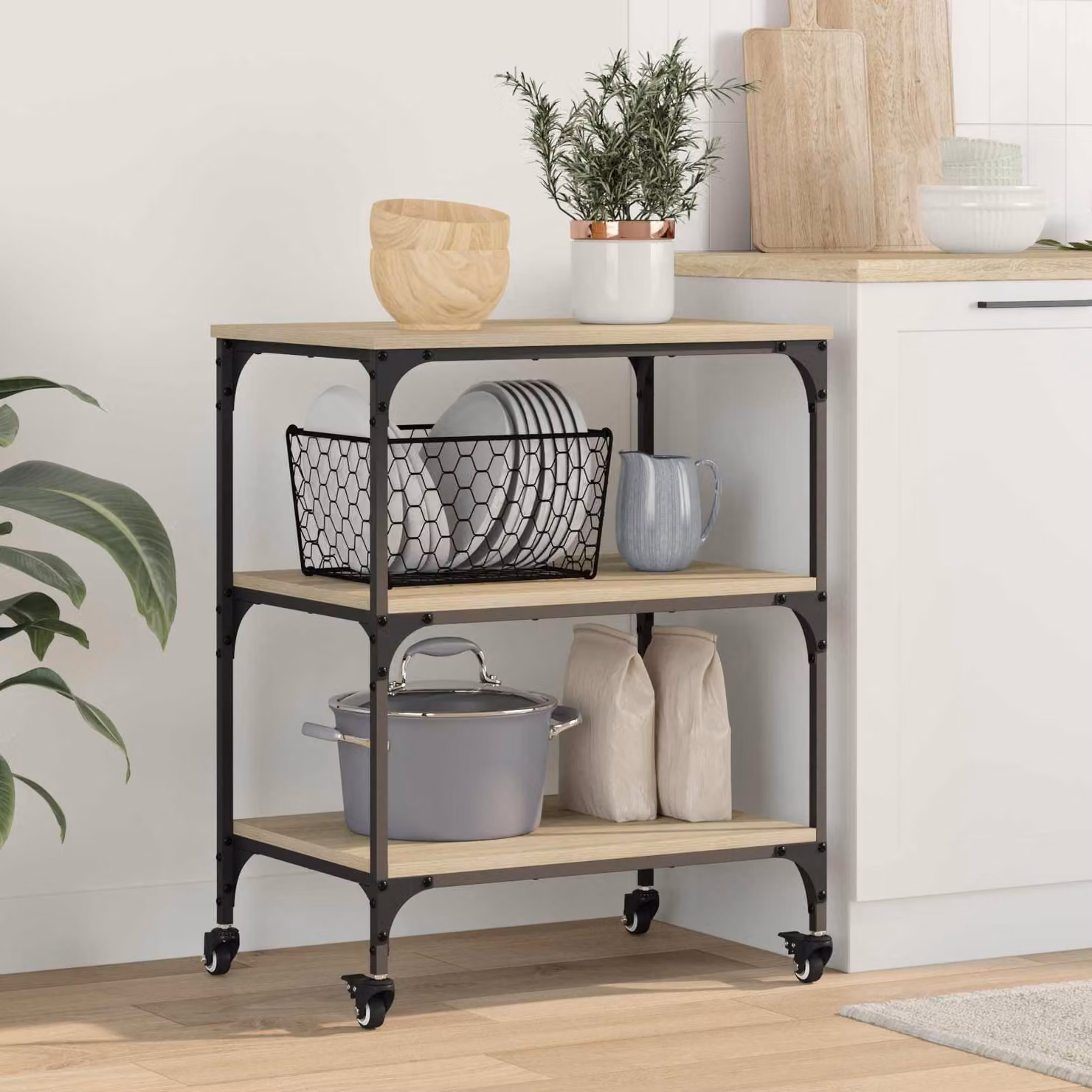 vidaXL Carrello da Cucina Moderno in Rovere Sonoma e Metallo, Marrone, L: 60 cm, P: 41 cm, H: 76 cm