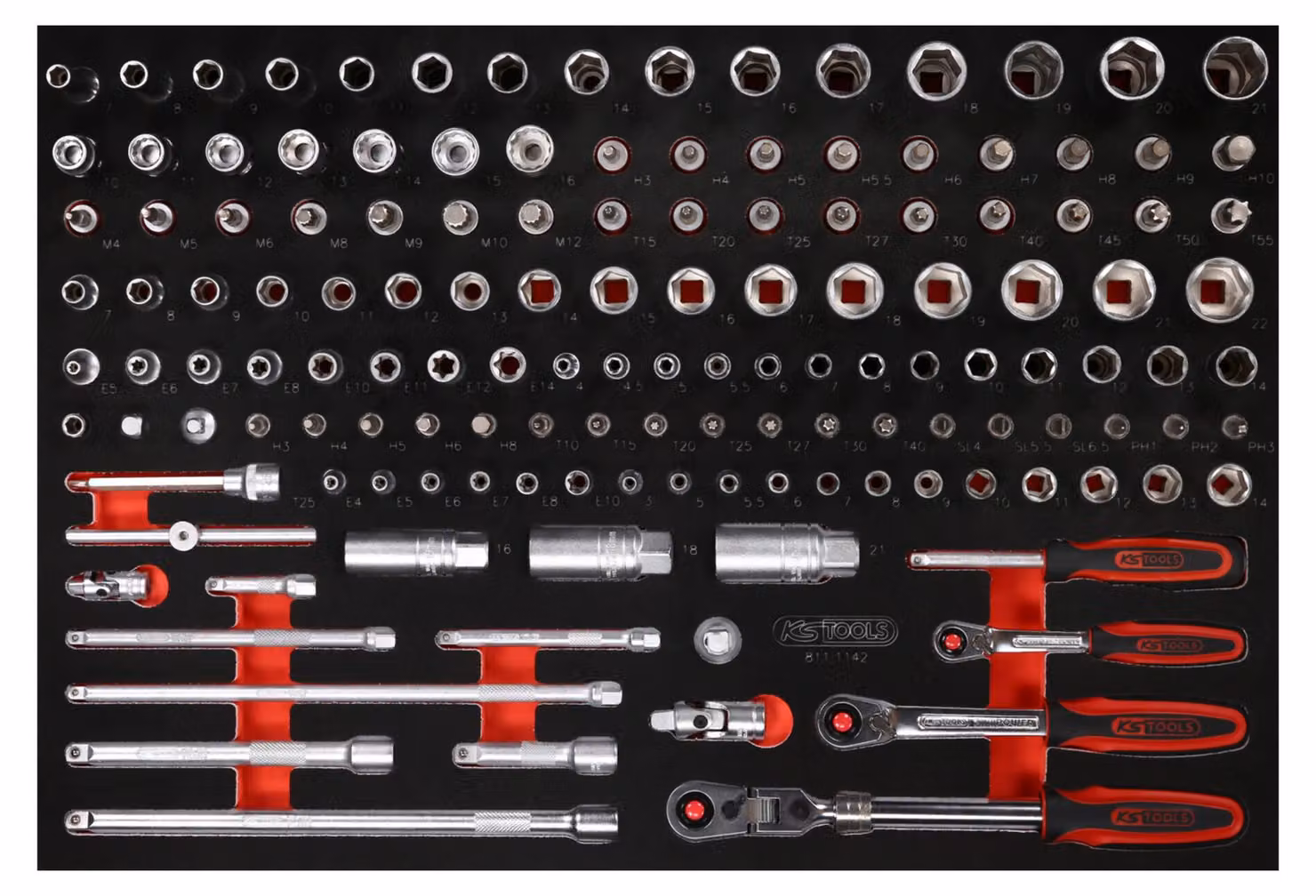 KS TOOLS Set di chiavi a bussola da 1/4" + 3/8" con inserto in schiuma 142 pezzi - 811.1142