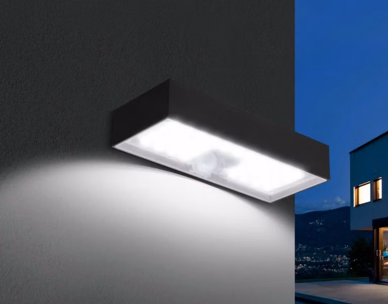 Lampada da parete a LED e solare CENTURY per esterni DOMINO, nera, 6 W, 3000 K, IP65