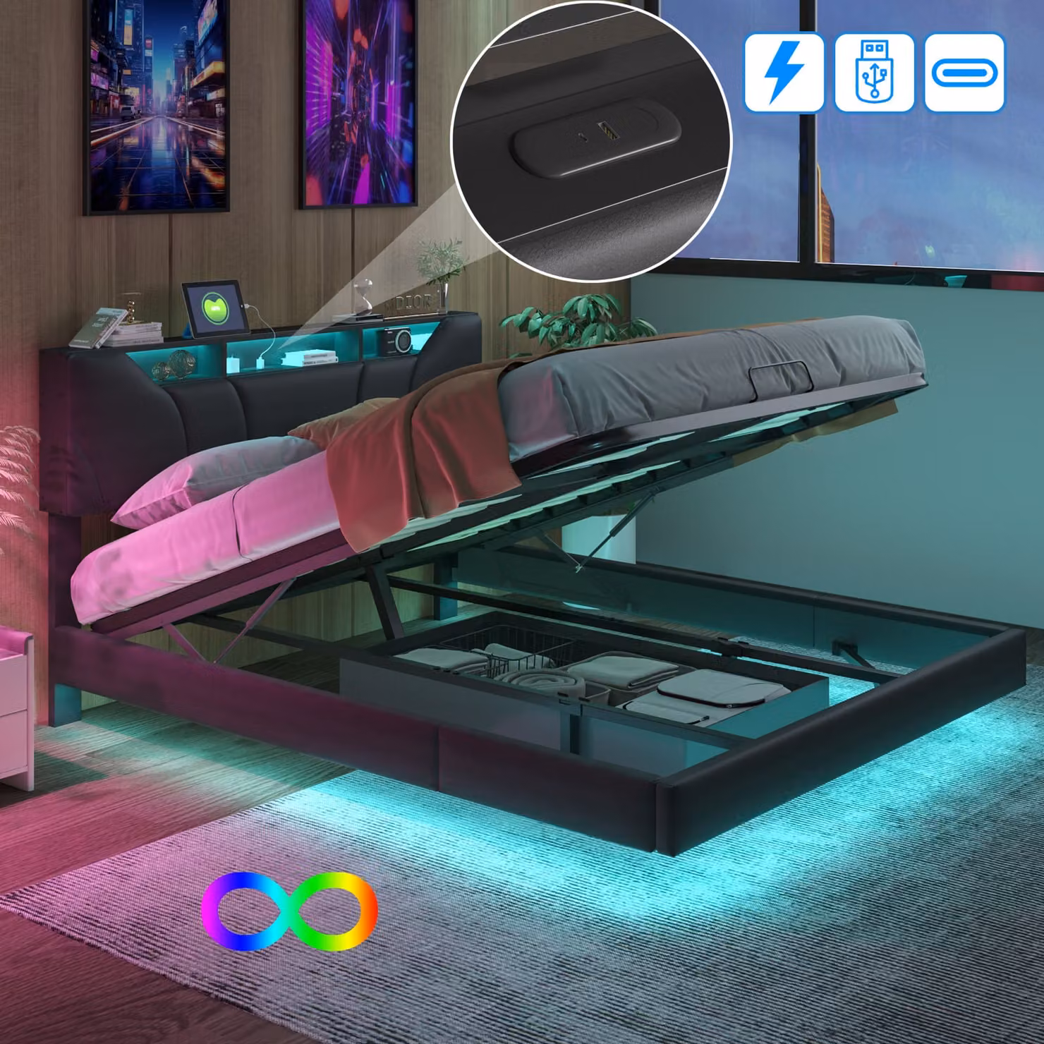 Letto imbottito ProximaX 160x200cm con connessione USB, letto a molle idrauliche con contenitore, letto matrimoniale per ragazzi con LED e rete a doghe e contenitore per la testata con LED