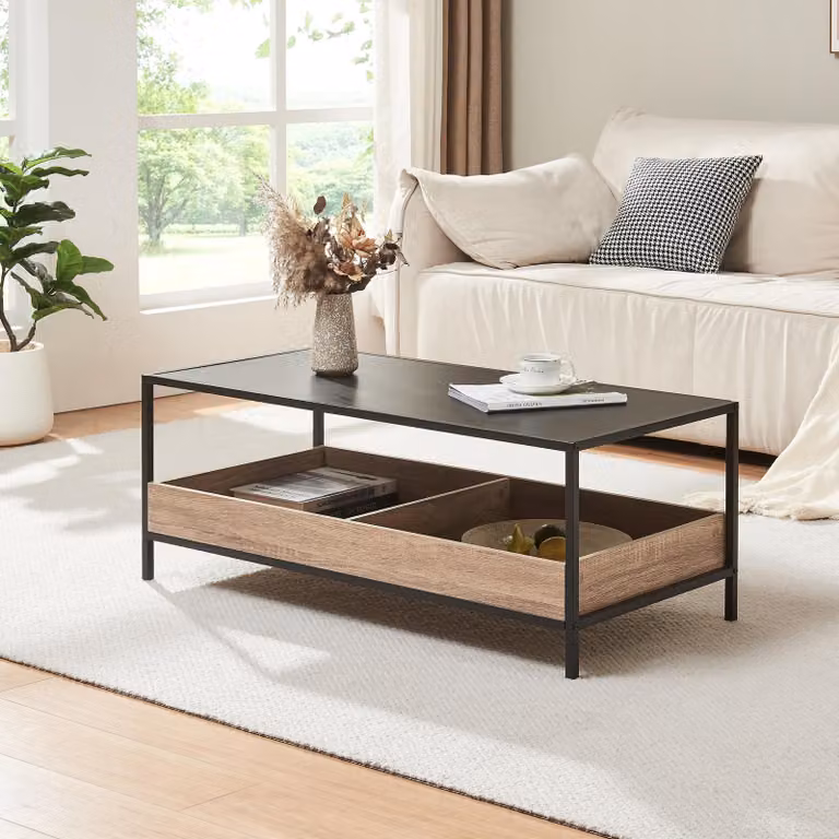 Tavolino 'Belana' 100 x 48 x 39 cm Tavolo da soggiorno con 2 vani portaoggetti Struttura in metallo nero/rovere