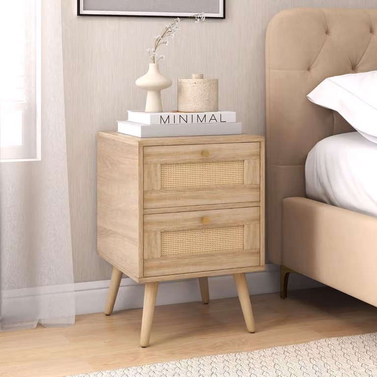 Costway Comodino in rattan con 2 cassetti gambe in legno massello, Tavolino comodino Boho laterale per soggiorno Naturale