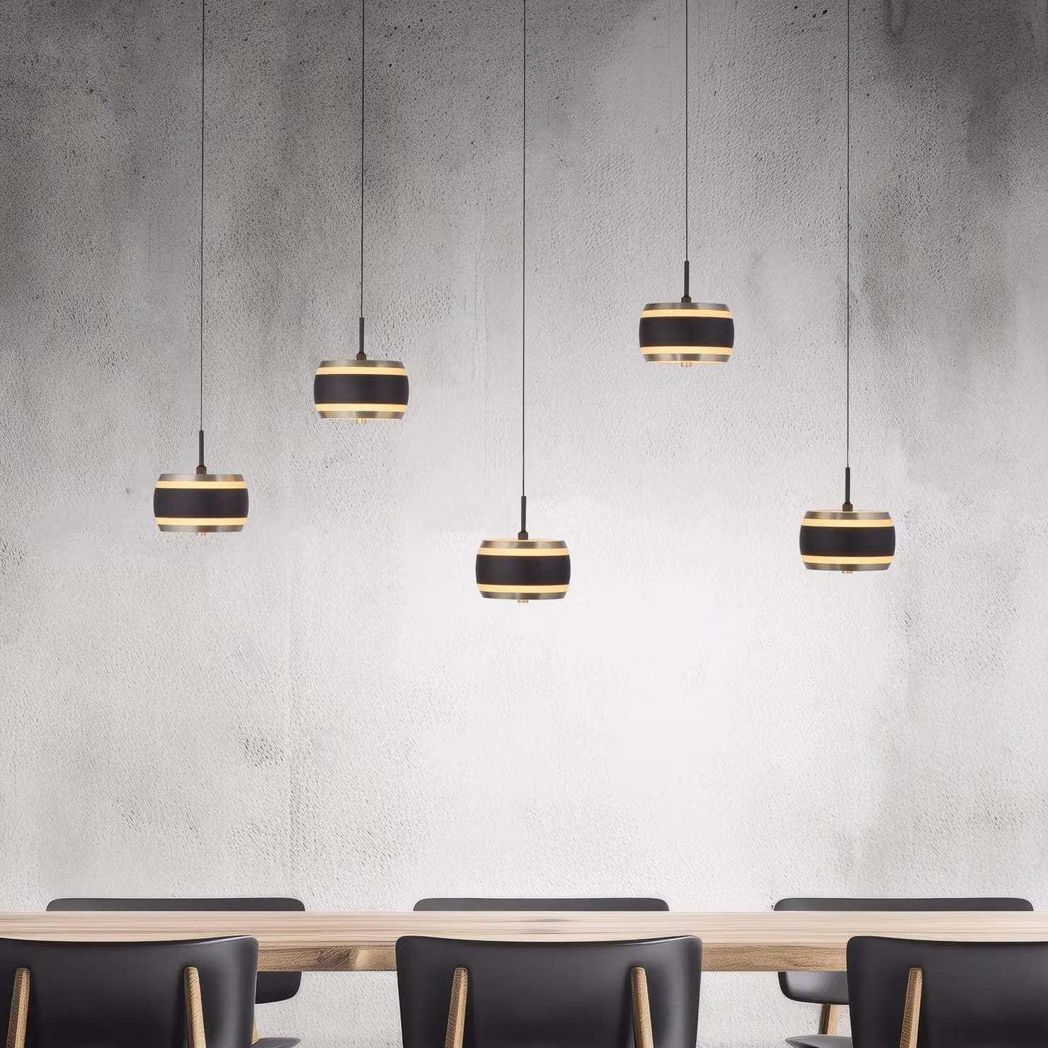 PURE Lampada LED a sospensione Falling Rings, nera, lunghezza 101 cm, 5 luci dimmerabile, Nero, Soggiorno / Sala da pranzo, Metallo, Moderno