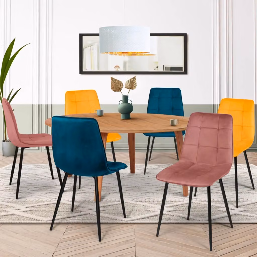 Set di 6 sedie MILA IDMarket in velluto per sala da pranzo e cucina, colori blu, giallo ocra e rosa – 2