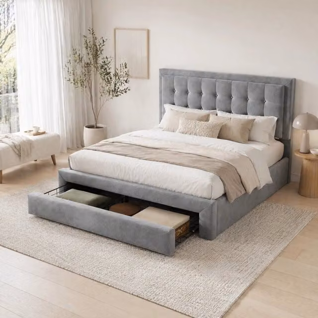 Letto matrimoniale imbottito in velluto grigio 140x200 cm con contenitore e cassetti