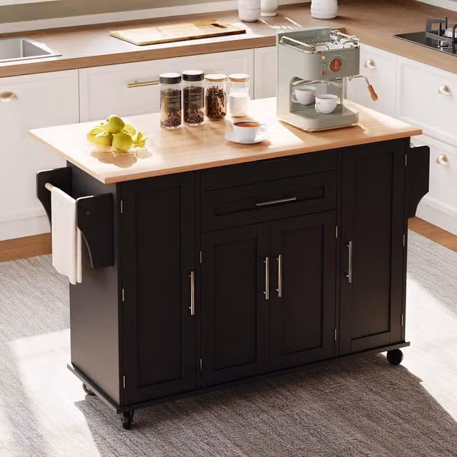Isola da cucina moderna in MDF e metallo, finitura opaca nera e legno naturale, L: 136 cm, P: 70 cm, H: 92 cm – 1