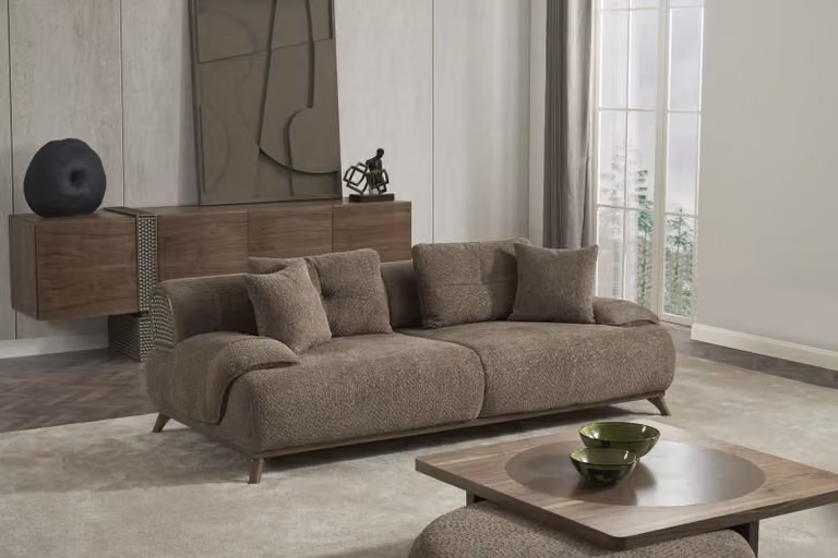 Braune Wohnzimmer Polstergarnitur Stilvoller Dreisitzer Textil Sessel
