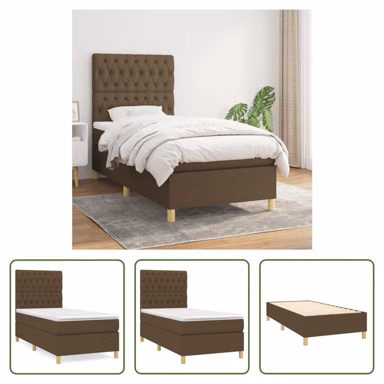 The Living Store Letto a molle con materasso marrone scuro 90x190 cm in tessuto