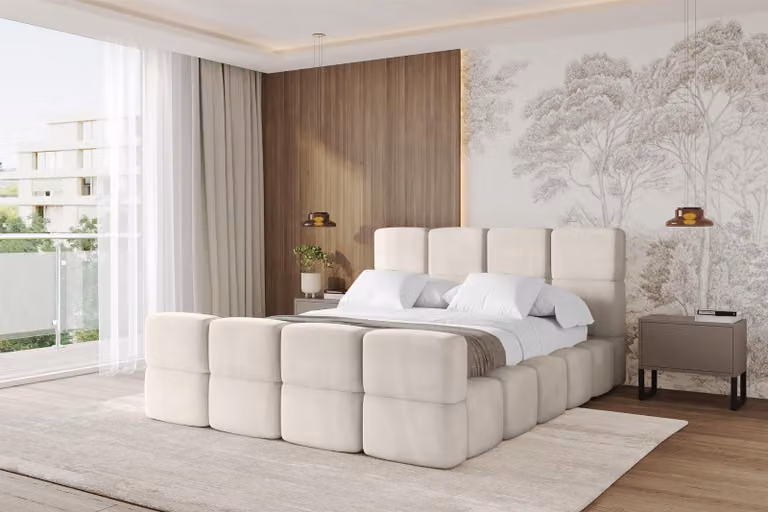 Letto imbottito ALTDECOR con contenitore - NATA-Z 120x200 beige, letto con testiera, letto contenitore con materasso H3/H4, letto matrimoniale con contenitore
