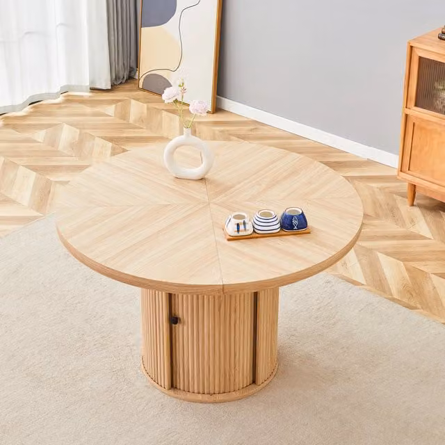 Tavolo da pranzo rotondo con 1 anta e vano contenitore, in MDF, effetto legno, stile moderno, 115 × 115 × 74 cm