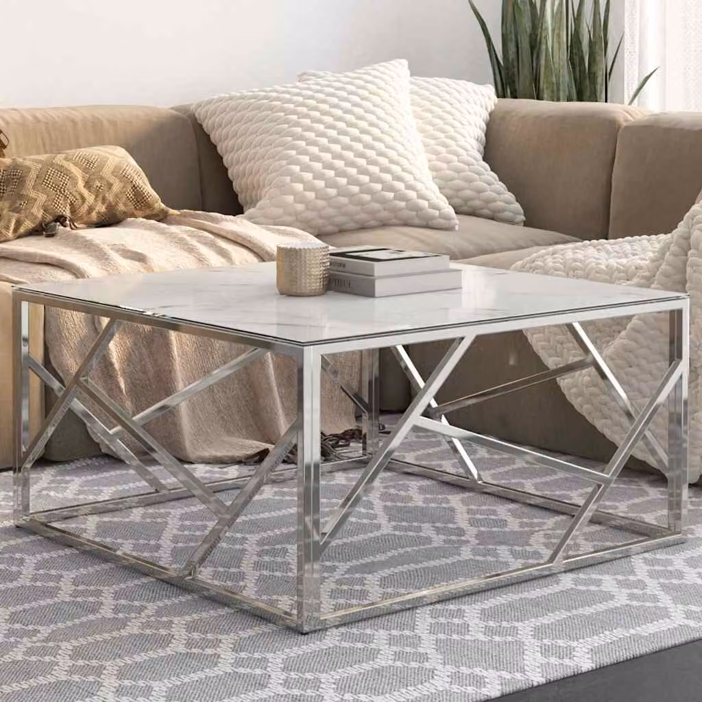 vidaXL Tavolino da salotto moderno in vetro temperato bianco e acciaio inossidabile argento L: 80 cm, P: 40 cm, H: 60 cm